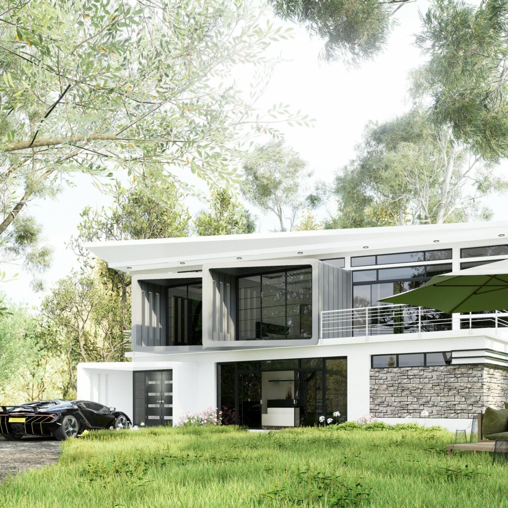 A modern luxury home with a sleek design, lush greenery, and a sports car parked in the driveway.